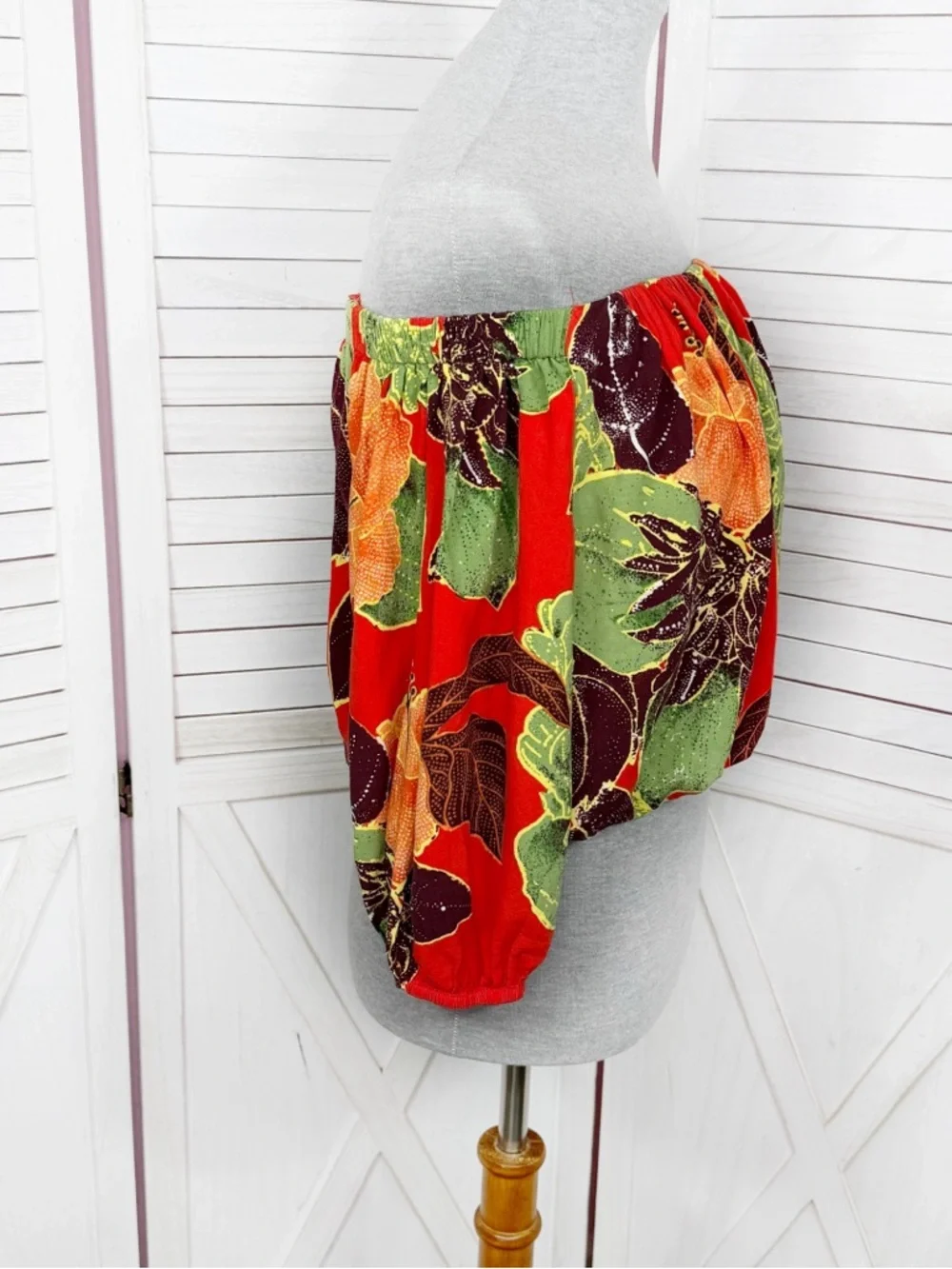 Free People Boho Tropical Flower‎ Print Off Shoulder Puff Sleeve Crop Top Red XS